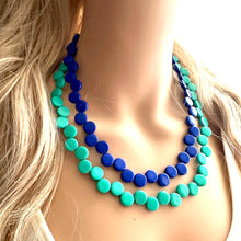 Load image into Gallery viewer, Royal Blue & Green teal 2 Strand Statement Necklace, Chunky Jewelry Big Beaded Necklace, dark blue geometric zig zag bubble round earrings