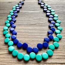 Load image into Gallery viewer, Royal Blue & Green teal 2 Strand Statement Necklace, Chunky Jewelry Big Beaded Necklace, dark blue geometric zig zag bubble round earrings