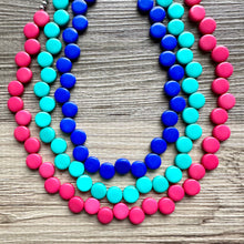 Load image into Gallery viewer, Royal Blue & Green teal pink 3 Strand Statement Necklace, Chunky Jewelry Big Beaded Necklace, dark blue geometric zig zag bubble earrings
