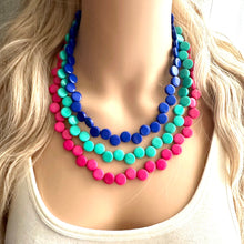 Load image into Gallery viewer, Royal Blue & Green teal pink 3 Strand Statement Necklace, Chunky Jewelry Big Beaded Necklace, dark blue geometric zig zag bubble earrings