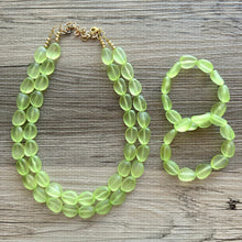 Load image into Gallery viewer, Margarita Green Chunky Statement Necklace & Stretch Bracelet set, Double Strand Beaded Jewelry, bracelet earrings mint watermelon jelly bean
