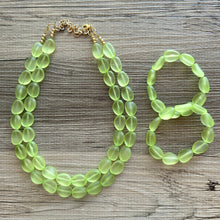 Load image into Gallery viewer, Margarita Green Chunky Statement Necklace & Stretch Bracelet set, Double Strand Beaded Jewelry, bracelet earrings mint watermelon jelly bean