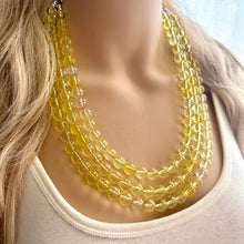 Load image into Gallery viewer, Yellow Sparkle Necklace, 3 Strand Statement Jewelry, Yellow Chunky bib bridesmaid everyday bubble jewelry, glowing beaded resin bead
