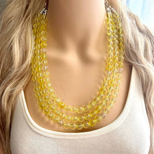 Load image into Gallery viewer, Yellow Sparkle Necklace, 3 Strand Statement Jewelry, Yellow Chunky bib bridesmaid everyday bubble jewelry, glowing beaded resin bead