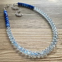 Load image into Gallery viewer, Royal Blue & Aqua Single Strand Statement Necklace, Chunky Beaded Long Jewelry, baby blue jewelry, geometric blue rope necklace silver