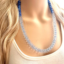 Load image into Gallery viewer, Royal Blue & Aqua Single Strand Statement Necklace, Chunky Beaded Long Jewelry, baby blue jewelry, geometric blue rope necklace silver