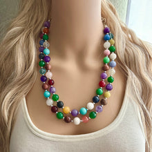Load image into Gallery viewer, Polished Agate Genuine GemStone Necklace rainbow, silver statement necklace jewelry, long beaded statement layering beaded stone colorful
