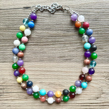 Load image into Gallery viewer, Polished Agate Genuine GemStone Necklace rainbow, silver statement necklace jewelry, long beaded statement layering beaded stone colorful