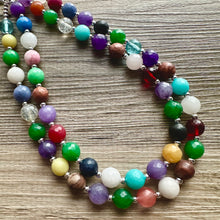 Load image into Gallery viewer, Polished Agate Genuine GemStone Necklace rainbow, silver statement necklace jewelry, long beaded statement layering beaded stone colorful