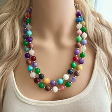 Load image into Gallery viewer, Polished Agate Genuine GemStone Necklace rainbow, silver statement necklace jewelry, long beaded statement layering beaded stone colorful