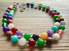 Load image into Gallery viewer, Polished Agate Genuine GemStone Necklace rainbow, silver statement necklace jewelry, long beaded statement layering beaded stone colorful