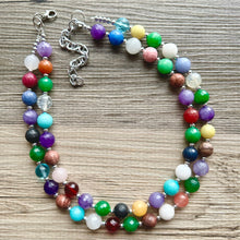Load image into Gallery viewer, Polished Agate Genuine GemStone Necklace rainbow, silver statement necklace jewelry, long beaded statement layering beaded stone colorful