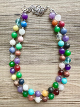 Load image into Gallery viewer, Polished Agate Genuine GemStone Necklace rainbow, silver statement necklace jewelry, long beaded statement layering beaded stone colorful