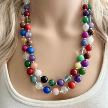 Load image into Gallery viewer, Polished Agate Genuine GemStone Necklace rainbow, silver statement necklace jewelry, long beaded statement layering beaded stone colorful