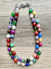 Load image into Gallery viewer, Polished Agate Genuine GemStone Necklace rainbow, silver statement necklace jewelry, long beaded statement layering beaded stone colorful