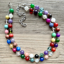 Load image into Gallery viewer, Polished Agate Genuine GemStone Necklace rainbow, silver statement necklace jewelry, long beaded statement layering beaded stone colorful