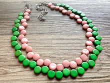 Load image into Gallery viewer, Blush Pink & Green Double Statement Necklace, Chunky Jewelry Big Beaded Necklace, light pink Necklace, baby pink Jewelry bubble Earrings