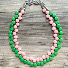 Load image into Gallery viewer, Blush Pink & Green Double Statement Necklace, Chunky Jewelry Big Beaded Necklace, light pink Necklace, baby pink Jewelry bubble Earrings