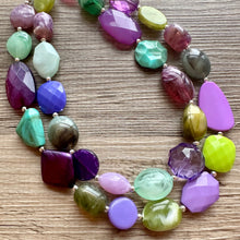 Load image into Gallery viewer, Purple & Green Mosaic Necklace, multi strand colorful jewelry, big beaded chunky statement necklace, purple jewel tone silver green