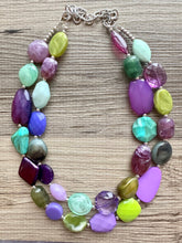 Load image into Gallery viewer, Purple & Green Mosaic Necklace, multi strand colorful jewelry, big beaded chunky statement necklace, purple jewel tone silver green