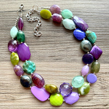 Load image into Gallery viewer, Purple & Green Mosaic Necklace, multi strand colorful jewelry, big beaded chunky statement necklace, purple jewel tone silver green
