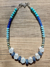 Load image into Gallery viewer, Shoreline BoardWalk Chunky Statement Necklace, big Beaded thick Jewelry, Single Strand wedding or everyday dress, turquoise green blue