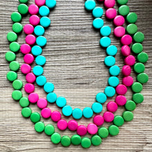 Load image into Gallery viewer, Forest Green teal hot pink 3 Strand Statement Necklace, Chunky Jewelry Big Beaded Necklace, magenta geometric zig zag bubble earrings