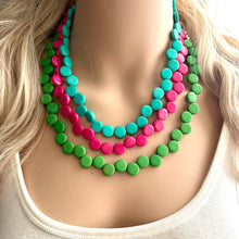 Load image into Gallery viewer, Forest Green teal hot pink 3 Strand Statement Necklace, Chunky Jewelry Big Beaded Necklace, magenta geometric zig zag bubble earrings