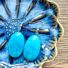 Load image into Gallery viewer, Long Beach Statement Necklace, Chunky Beaded Necklace, aqua light blue Jewelry, long necklace, bead white earrings geometric periwinkle