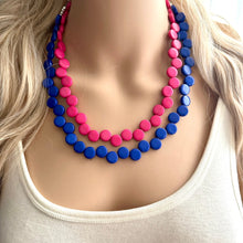 Load image into Gallery viewer, Pink + Blue Double Strand Statement Necklace, Chunky Geometric Beaded Bib Jewelry earrings, dark blue set gender reveal party zig zag