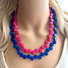 Load image into Gallery viewer, Pink + Blue Double Strand Statement Necklace, Chunky Geometric Beaded Bib Jewelry earrings, dark blue set gender reveal party zig zag