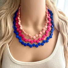 Load image into Gallery viewer, Blue & hot pink 3 Strand Statement Necklace, Chunky Jewelry Big Beaded Necklace, magenta geometric zig zag bubble earrings blush pink