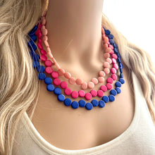 Load image into Gallery viewer, Blue & hot pink 3 Strand Statement Necklace, Chunky Jewelry Big Beaded Necklace, magenta geometric zig zag bubble earrings blush pink