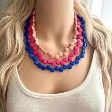 Load image into Gallery viewer, Blue & hot pink 3 Strand Statement Necklace, Chunky Jewelry Big Beaded Necklace, magenta geometric zig zag bubble earrings blush pink