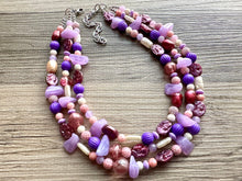Load image into Gallery viewer, Girls Sleepover Necklace, Beaded 3 Layer Necklace, bead statement necklace, blush hot pink purple eggplant beaded bib chunky heart love