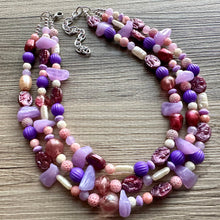 Load image into Gallery viewer, Girls Sleepover Necklace, Beaded 3 Layer Necklace, bead statement necklace, blush hot pink purple eggplant beaded bib chunky heart love