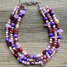 Load image into Gallery viewer, Girls Sleepover Necklace, Beaded 3 Layer Necklace, bead statement necklace, blush hot pink purple eggplant beaded bib chunky heart love