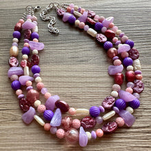 Load image into Gallery viewer, Girls Sleepover Necklace, Beaded 3 Layer Necklace, bead statement necklace, blush hot pink purple eggplant beaded bib chunky heart love