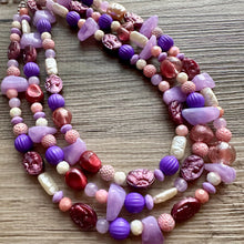 Load image into Gallery viewer, Girls Sleepover Necklace, Beaded 3 Layer Necklace, bead statement necklace, blush hot pink purple eggplant beaded bib chunky heart love