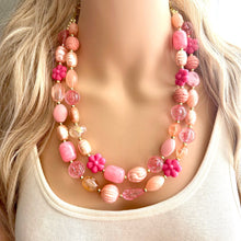 Load image into Gallery viewer, Rosey Fog statement necklace, chunky bib necklace, beaded jewelry blush pink necklace, 2 strand magenta jewelry gold cream white