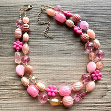 Load image into Gallery viewer, Rosey Fog statement necklace, chunky bib necklace, beaded jewelry blush pink necklace, 2 strand magenta jewelry gold cream white
