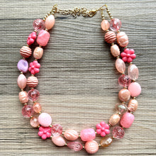 Load image into Gallery viewer, Rosey Fog statement necklace, chunky bib necklace, beaded jewelry blush pink necklace, 2 strand magenta jewelry gold cream white