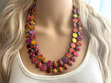 Load image into Gallery viewer, Summer Bonfire Necklace, 2 Strand Statement Jewelry, Chunky bib bridesmaid everyday jewelry gold pink orange red metallic OOAK