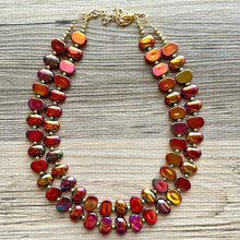 Load image into Gallery viewer, Summer Bonfire Necklace, 2 Strand Statement Jewelry, Chunky bib bridesmaid everyday jewelry gold pink orange red metallic OOAK