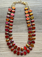 Load image into Gallery viewer, Summer Bonfire Necklace, 2 Strand Statement Jewelry, Chunky bib bridesmaid everyday jewelry gold pink orange red metallic OOAK