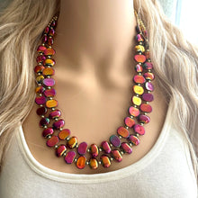 Load image into Gallery viewer, Summer Bonfire Necklace, 2 Strand Statement Jewelry, Chunky bib bridesmaid everyday jewelry gold pink orange red metallic OOAK