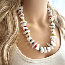 Load image into Gallery viewer, Rainbow & White Chunky Statement Necklace single Strand Beaded jewelry, bridesmaid bib wedding, white bubble necklace resin