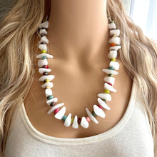 Load image into Gallery viewer, Rainbow & White Chunky Statement Necklace single Strand Beaded jewelry, bridesmaid bib wedding, white bubble necklace resin