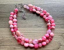 Load image into Gallery viewer, Pink on pink Necklace, Double strand pink jewelry, big beaded chunky statement necklace, blush necklace, bib baby pink vacation collar