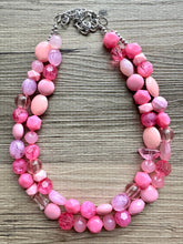 Load image into Gallery viewer, Pink on pink Necklace, Double strand pink jewelry, big beaded chunky statement necklace, blush necklace, bib baby pink vacation collar